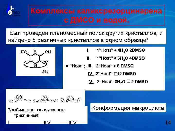 Комплексы каликсрезорцинарена с ДМСО и водой. Был проведен планомерный поиск других кристаллов, и найдено