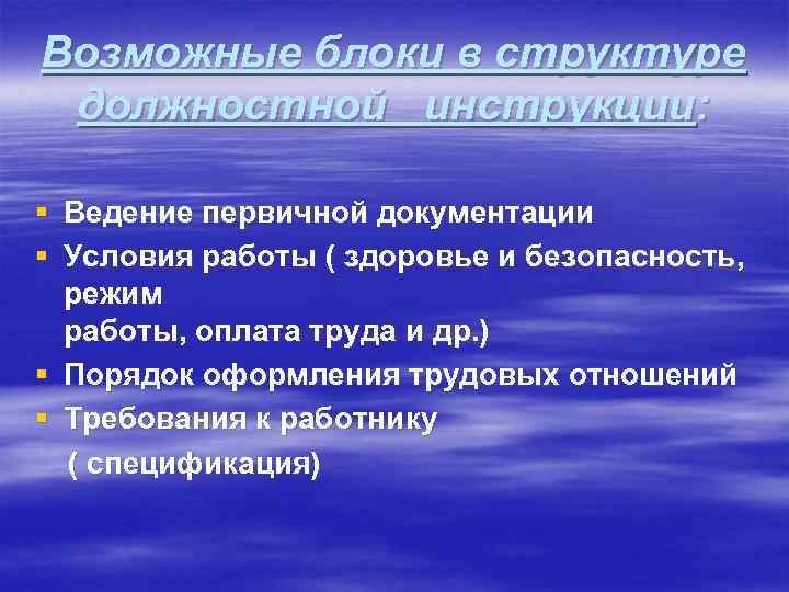 Возможные блоки в структуре должностной инструкции: § § Ведение первичной документации Условия работы (