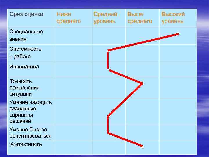 Срез оценки Ниже среднего Средний уровень Выше среднего Специальные знания ● Системность в работе