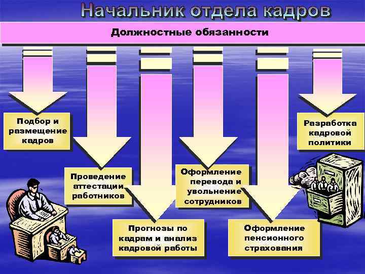 Должностные обязанности Подбор и размещение кадров Разработка кадровой политики Проведение аттестации работников Оформление перевода