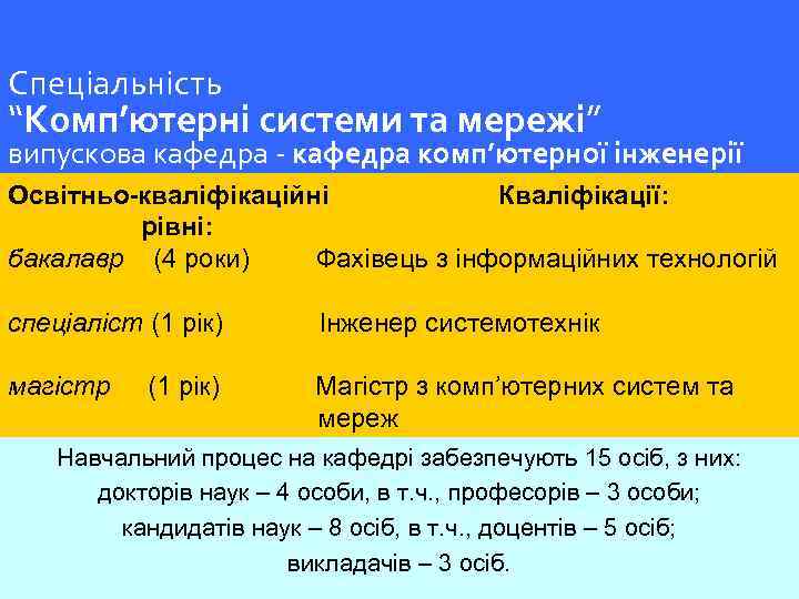 Спеціальність “Комп’ютерні системи та мережі” випускова кафедра - кафедра комп’ютерної інженерії Освітньо-кваліфікаційні Кваліфікації: рівні: