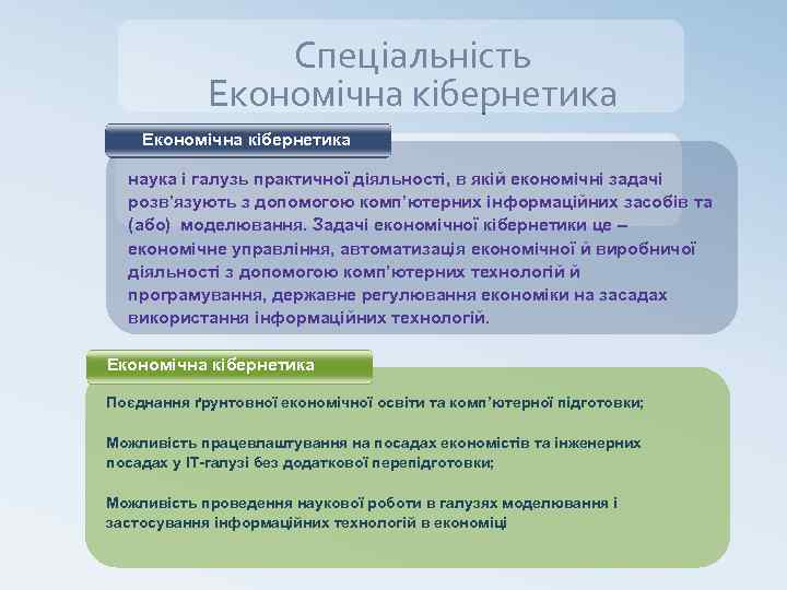 Спеціальність Економічна кібернетика наука і галузь практичної діяльності, в якій економічні задачі розв’язують з