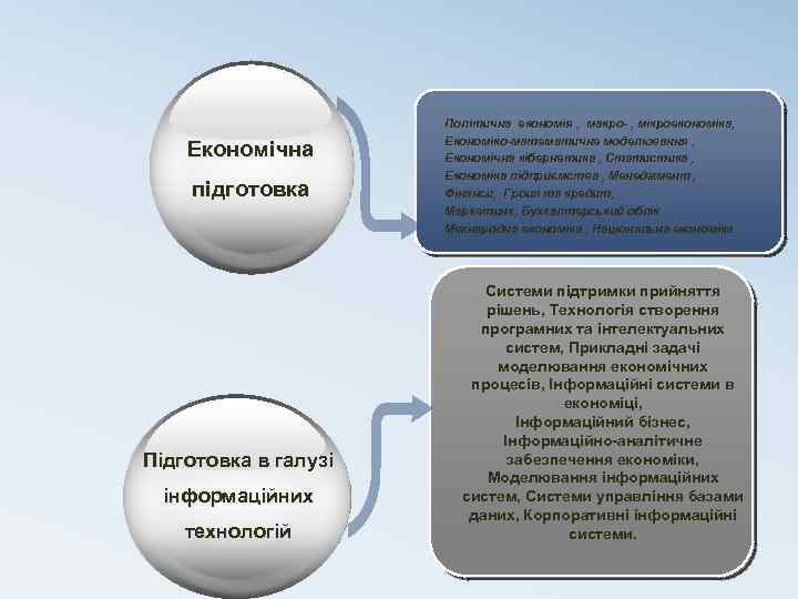 Економічна підготовка Підготовка в галузі інформаційних технологій Політична економія , макро- , мікроекономіка, Економіко-математичне