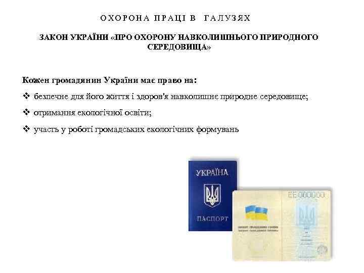 ОХОРОНА ПРАЦІ В ГАЛУЗЯХ ЗАКОН УКРАЇНИ «ПРО ОХОРОНУ НАВКОЛИШНЬОГО ПРИРОДНОГО СЕРЕДОВИЩА» Кожен громадянин України