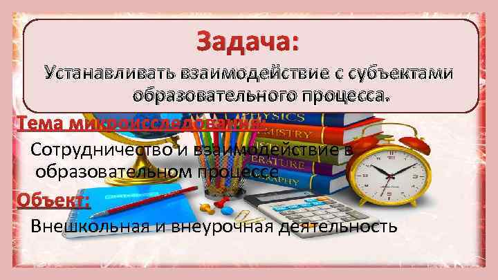 Задача: Устанавливать взаимодействие с субъектами образовательного процесса. Тема микроисследования: Сотрудничество и взаимодействие в образовательном