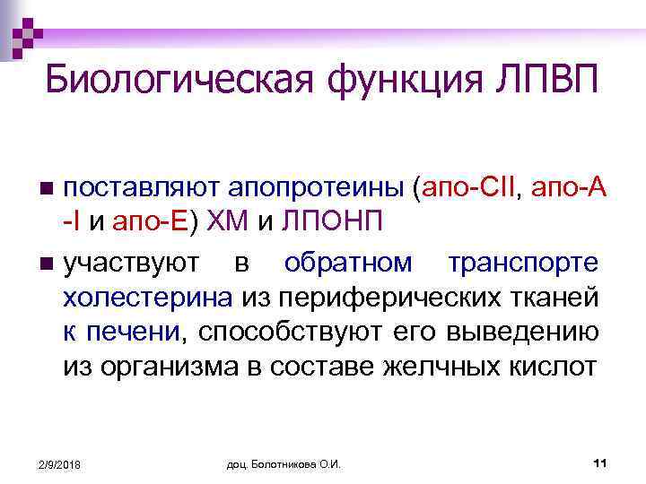 Биологическая функция ЛПВП поставляют апопротеины (апо-СII, апо-А -I и апо-Е) ХМ и ЛПОНП n