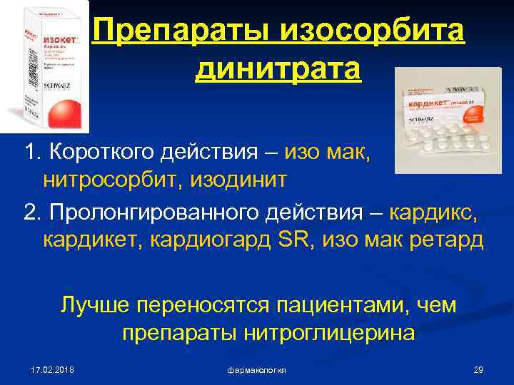 Препараты изосорбита динитрата 1. Короткого действия – изо мак, нитросорбит, изодинит 2. Пролонгированного действия