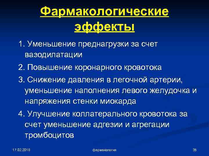Фармакологические эффекты 1. Уменьшение преднагрузки за счет вазодилатации 2. Повышение коронарного кровотока 3. Снижение