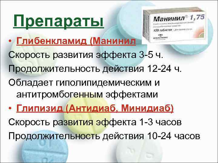Препараты • Глибенкламид (Манинил Скорость развития эффекта 3 -5 ч. Продолжительность действия 12 -24