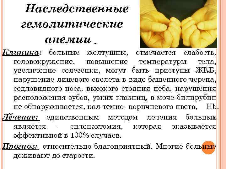 Наследственные гемолитические анемии Клиника: больные желтушны, отмечается слабость, головокружение, повышение температуры тела, увеличение селезенки,