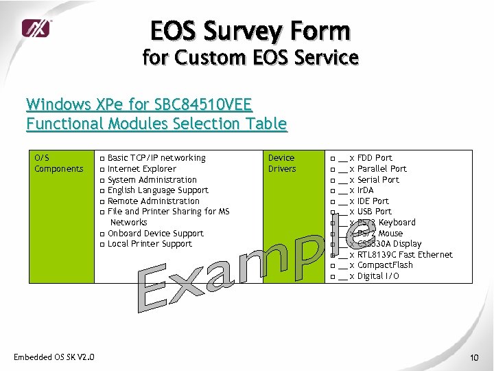EOS Survey Form for Custom EOS Service Windows XPe for SBC 84510 VEE Functional