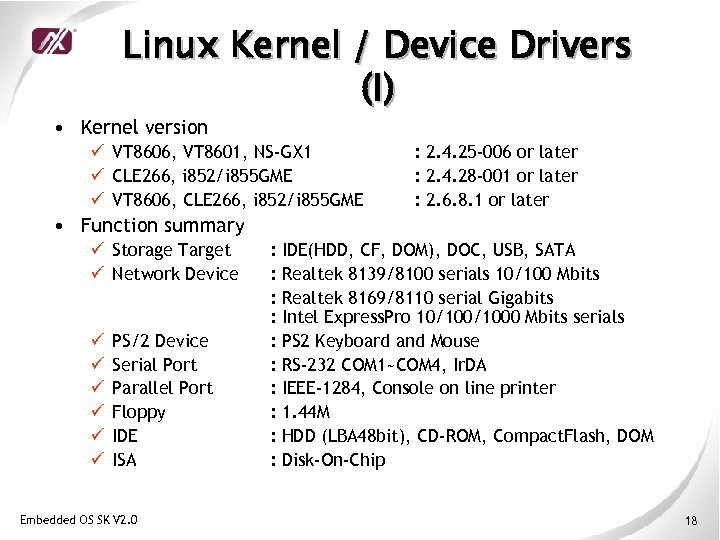 Linux Kernel / Device Drivers (I) • Kernel version ü VT 8606, VT 8601,