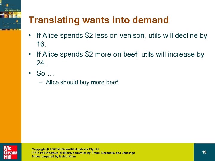 Translating wants into demand • If Alice spends $2 less on venison, utils will