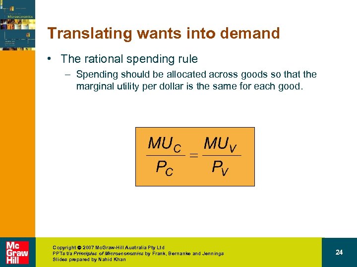 Translating wants into demand • The rational spending rule – Spending should be allocated