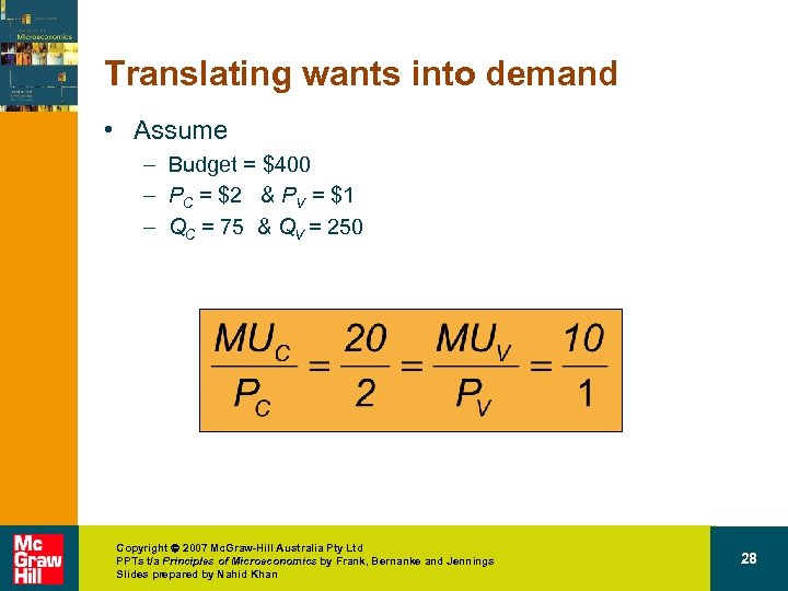 Translating wants into demand • Assume – Budget = $400 – PC = $2