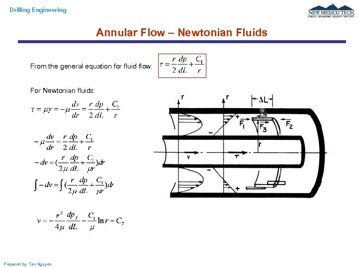 Drilling Engineering Annular Flow – Newtonian Fluids From the general equation for fluid flow: