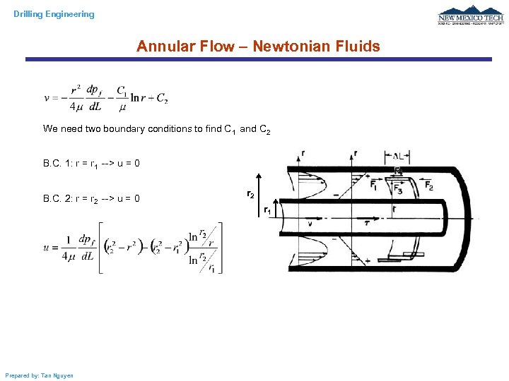 Drilling Engineering Annular Flow – Newtonian Fluids We need two boundary conditions to find