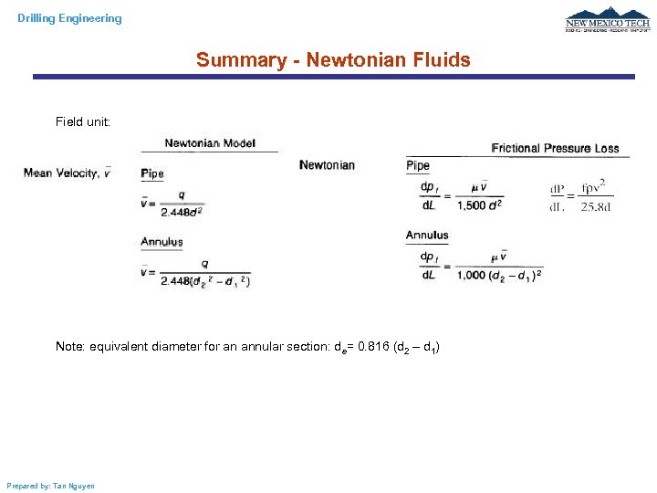 Drilling Engineering Summary - Newtonian Fluids Field unit: Note: equivalent diameter for an annular