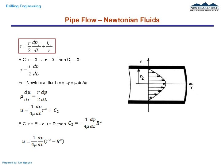 Drilling Engineering Pipe Flow – Newtonian Fluids B. C. r = 0 --> =