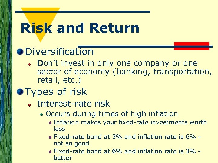 Risk and Return Diversification Don’t invest in only one company or one sector of