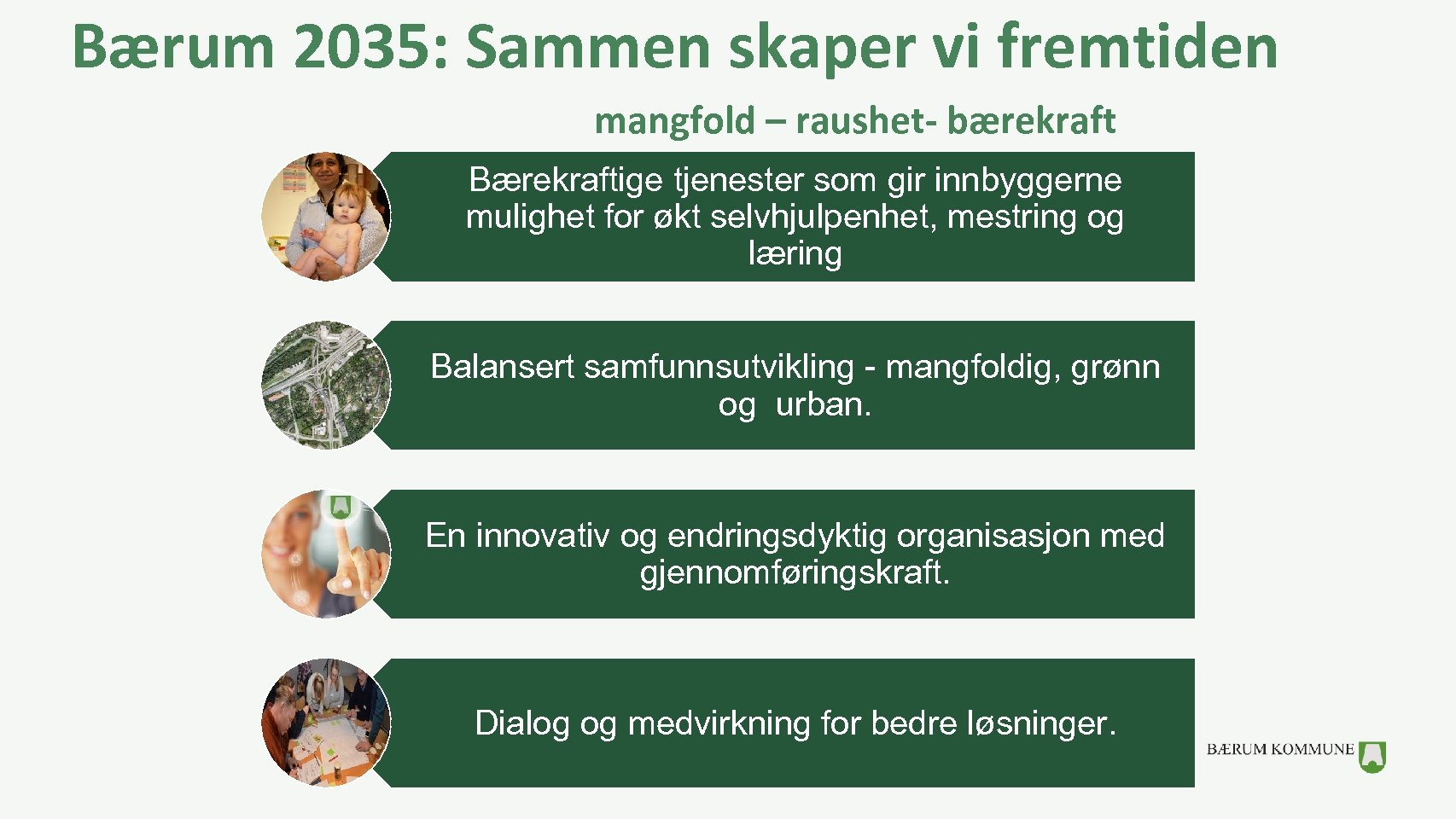 Bærum 2035: Sammen skaper vi fremtiden mangfold – raushet- bærekraft Bærekraftige tjenester som gir