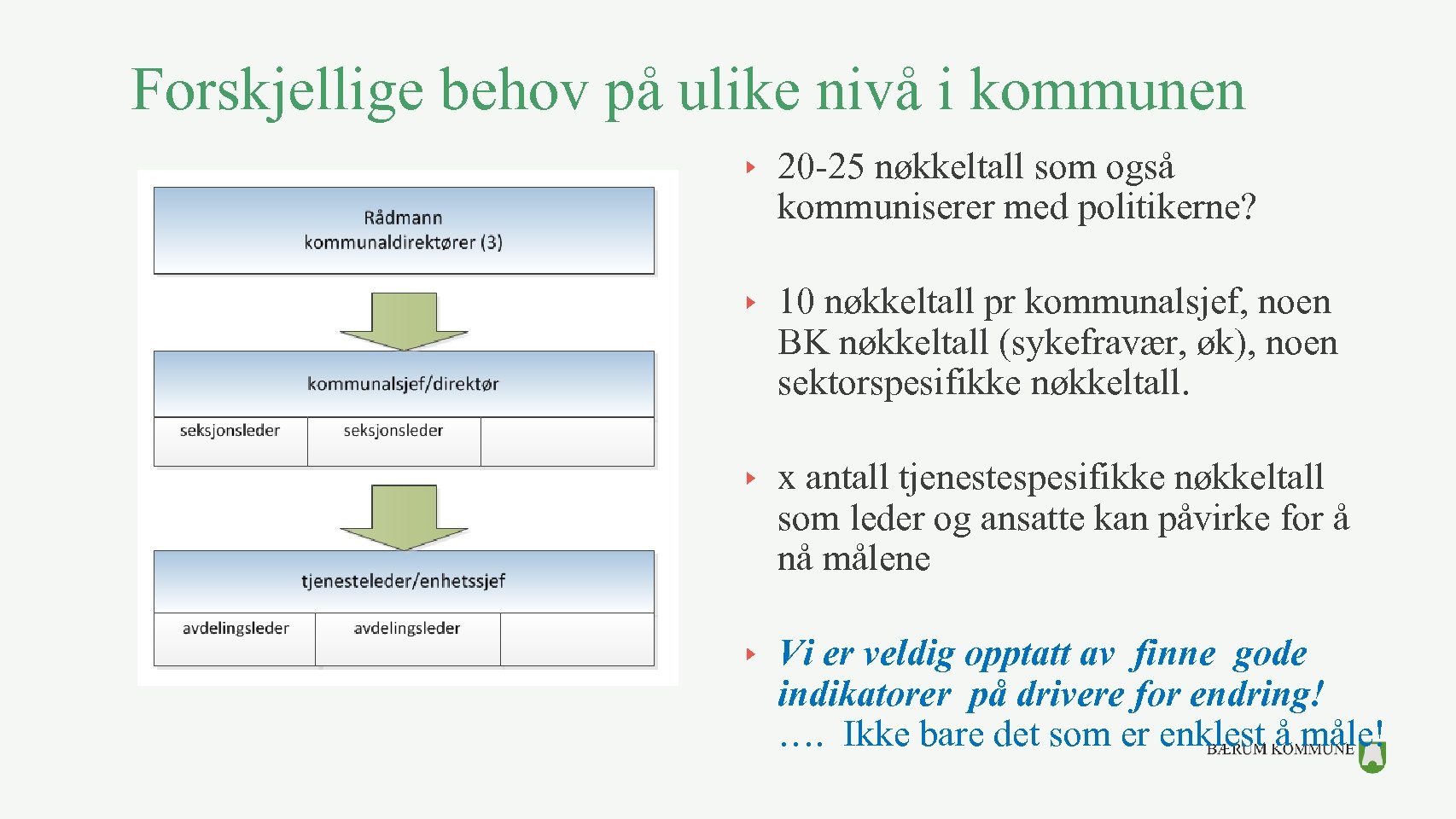 Forskjellige behov på ulike nivå i kommunen 20 -25 nøkkeltall som også kommuniserer med