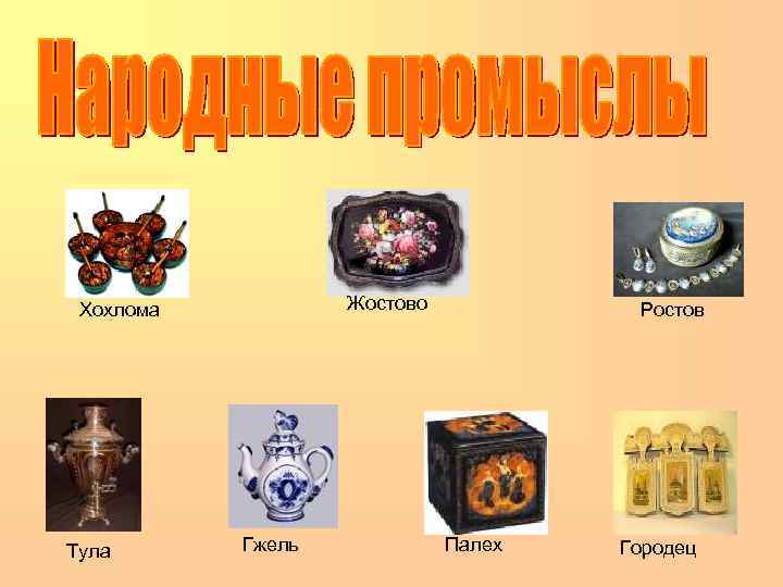 Жостово Хохлома Тула Гжель Ростов Палех Городец 