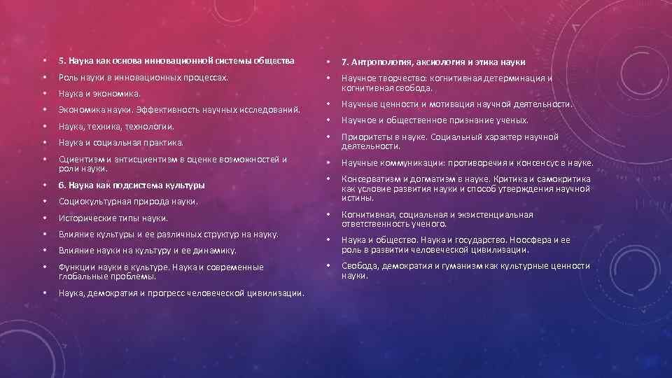  • 5. Наука как основа инновационной системы общества • 7. Антропология, аксиология и