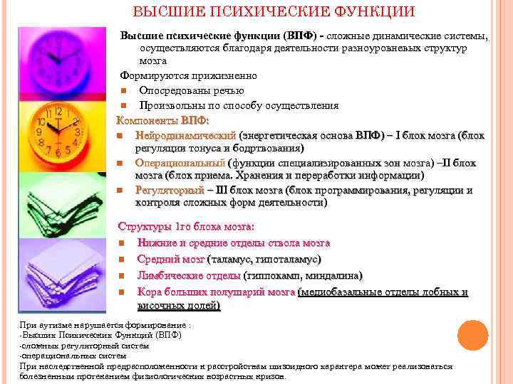 ВЫСШИЕ ПСИХИЧЕСКИЕ ФУНКЦИИ Высшие психические функции (ВПФ) - сложные динамические системы, осуществляются благодаря деятельности