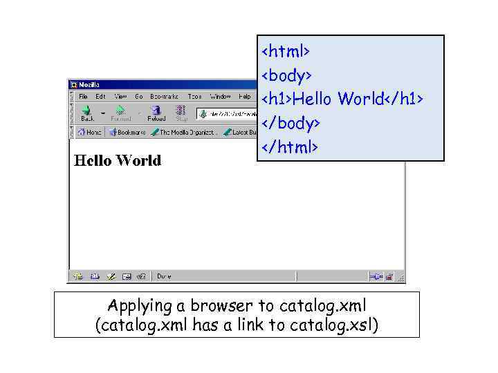 <html> <body> <h 1>Hello World</h 1> </body> </html> Applying a browser to catalog. xml