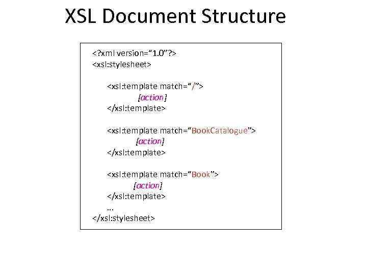 XSL Document Structure <? xml version=“ 1. 0”? > <xsl: stylesheet> <xsl: template match=“/”>