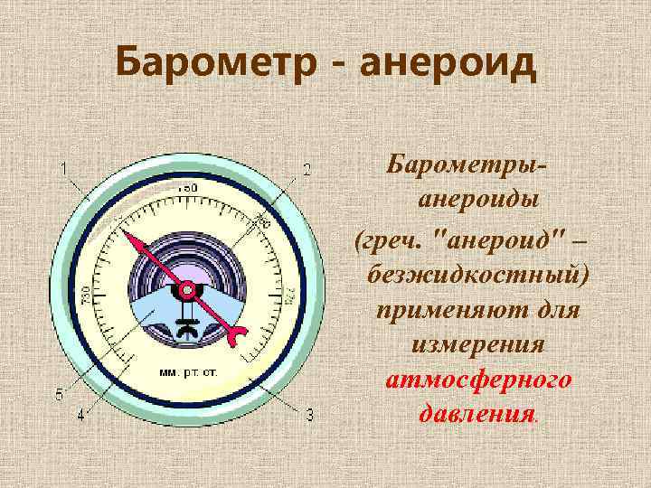 Барометр - анероид Барометрыанероиды (греч. "анероид" – безжидкостный) применяют для измерения атмосферного давления. 