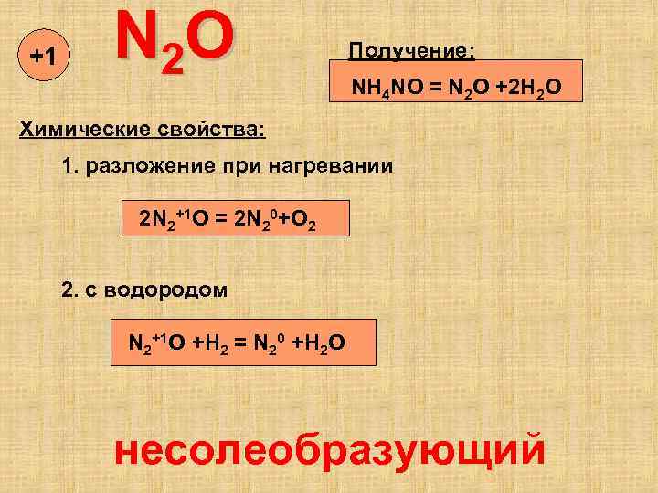 +1 N 2 O Получение: NH 4 NO = N 2 O +2 H