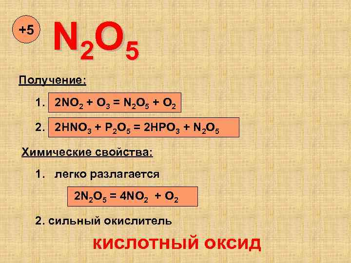 +5 N 2 O 5 Получение: 1. 2 NO 2 + O 3 =