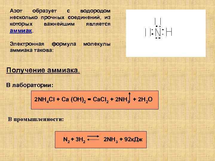 Азот образует с водородом несколько прочных соединений, из которых важнейшим является аммиак. Электронная формула