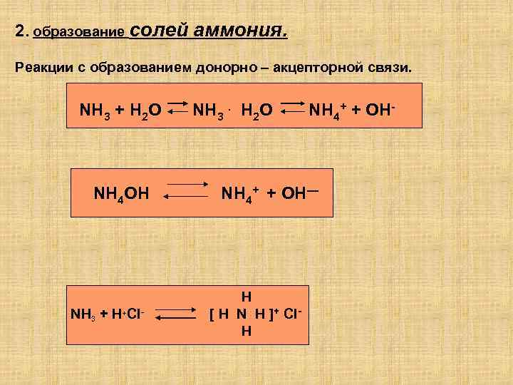 2. образование солей аммония. Реакции с образованием донорно – акцепторной связи. NH 3 +