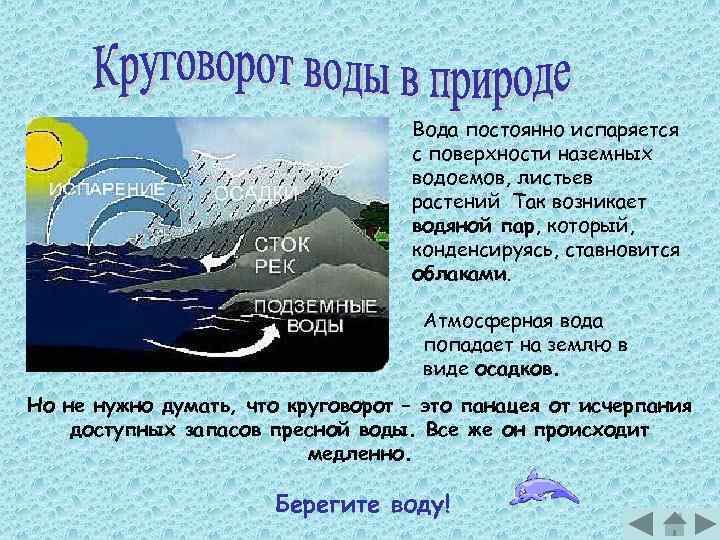 Вода постоянно испаряется с поверхности наземных водоемов, листьев растений Так возникает водяной пар, который,