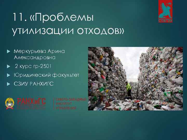 11. «Проблемы утилизации отходов» Меркурьева Арина Александровна 2 курс гр-2501 Юридический факультет СЗИУ РАНХИГС