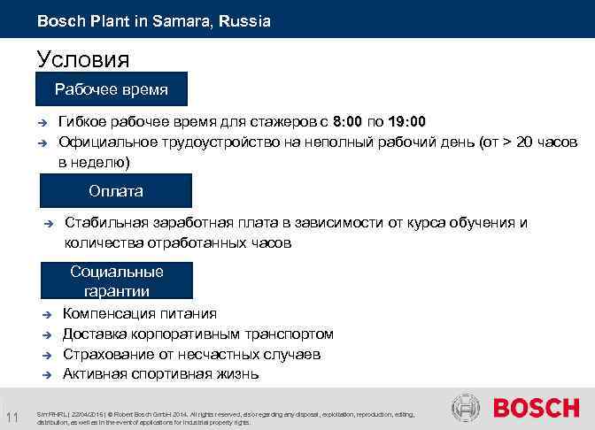 Bosch Plant in Samara, Russia Условия Рабочее время è è Гибкое рабочее время для