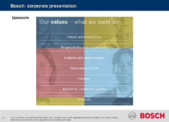 Bosch: corporate presentation Ценности 11 C/CC | November, 2014 | © Robert Bosch Gmb.