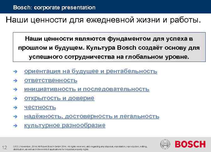 Bosch: corporate presentation Наши ценности для ежедневной жизни и работы. Наши ценности являются фундаментом