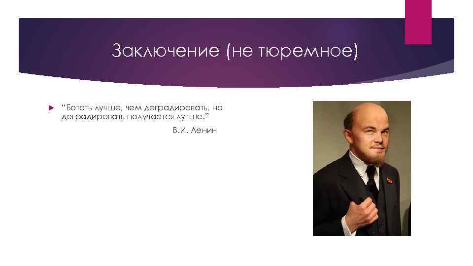 Заключение (не тюремное) “Ботать лучше, чем деградировать, но деградировать получается лучше. ” В. И.