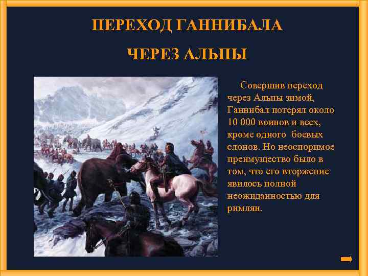 ПЕРЕХОД ГАННИБАЛА ЧЕРЕЗ АЛЬПЫ Совершив переход через Альпы зимой, Ганнибал потерял около 10 000