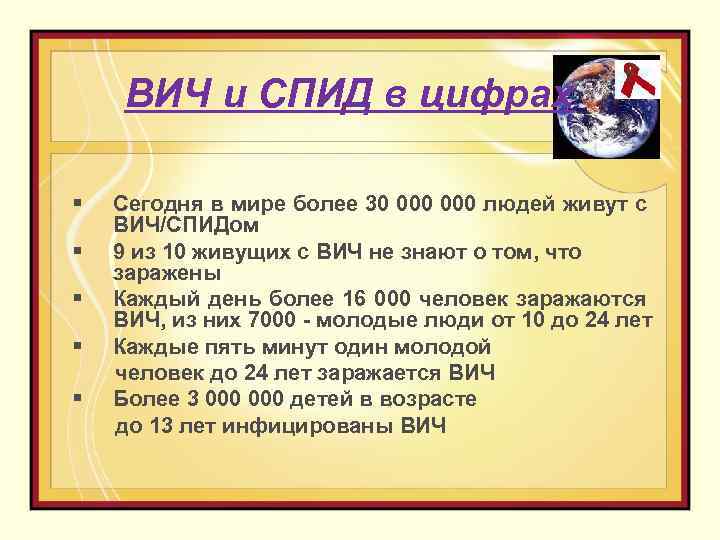  ВИЧ и СПИД в цифрах Сегодня в мире более 30 000 людей живут