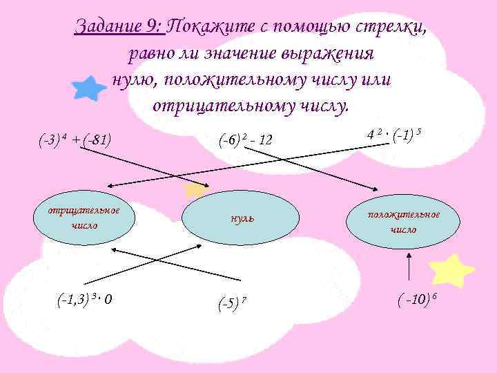 Задание 9: Покажите с помощью стрелки, равно ли значение выражения нулю, положительному числу или