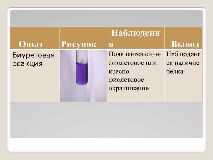 Опыт Биуретовая реакция Рисунок Наблюдени я Вывод Появляется сине- Наблюдает фиолетовое или ся наличие