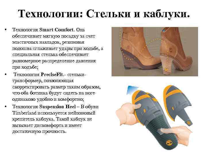 Технологии: Стельки и каблуки. • • • Технология Smart Comfort. Она обеспечивает мягкую посадку
