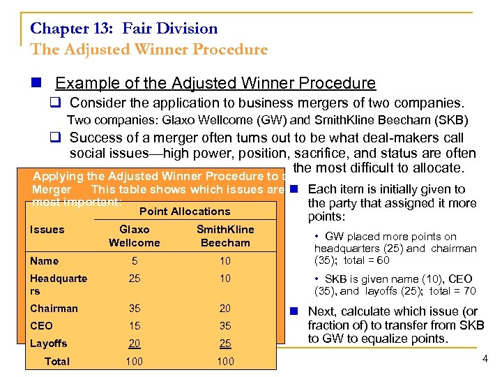 Chapter 13: Fair Division The Adjusted Winner Procedure n Example of the Adjusted Winner