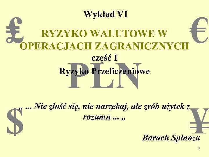 ₤ Wykład VI RYZYKO WALUTOWE W OPERACJACH ZAGRANICZNYCH € część I Ryzyko Przeliczeniowe PLN