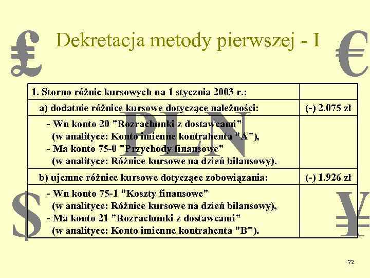 ₤ Dekretacja metody pierwszej - I 1. Storno różnic kursowych na 1 stycznia 2003